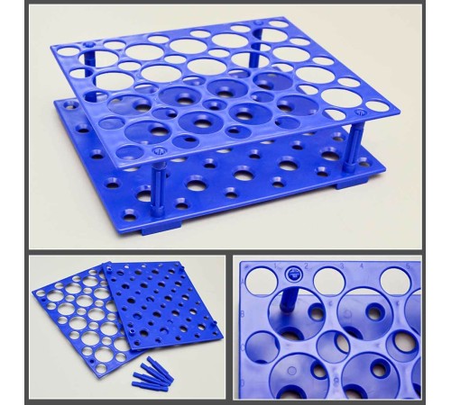 Штатив д/пробирок 15 мл,диам.17 мм*30 гн., 50 мл.д.28 мм*20 гн.,ABS, уп.50 шт.,голубой,Китай